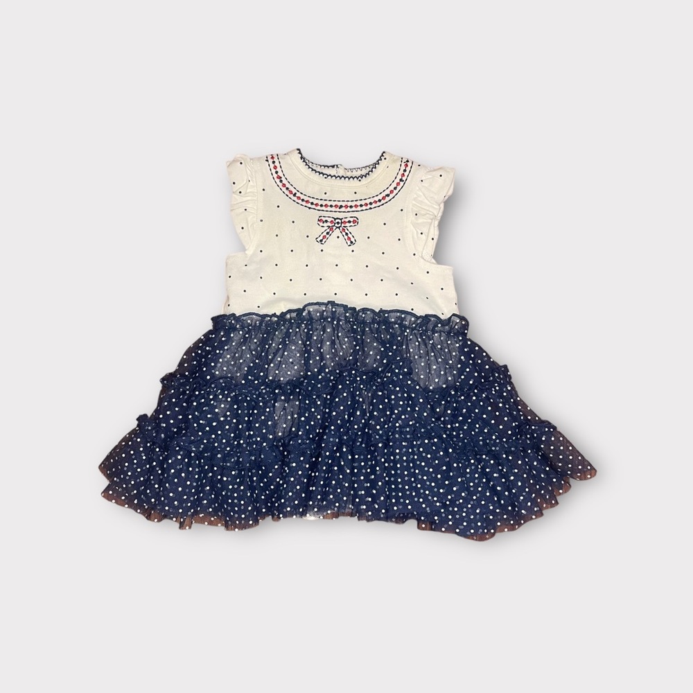 Little Me White & Blue Polkadot Tulle Bodysuit Dress